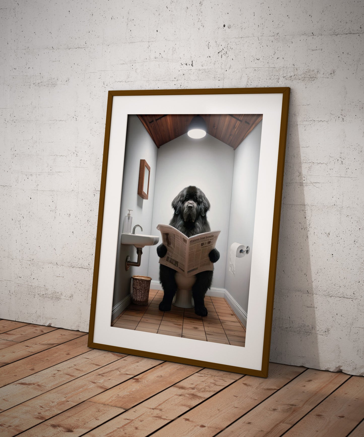Poster Terre-Neuve noir sur toilettes lisant journal - Déco WC humour, cadre salle de bain, cadeau fun