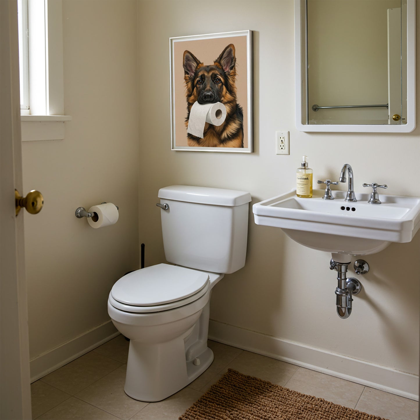 German Shepherd Bathroom Poster – Funny Dog Wall Art, Toilet Humor Decor, GSD Gift, Framed Print for Dog Lovers, WC Home Decoration