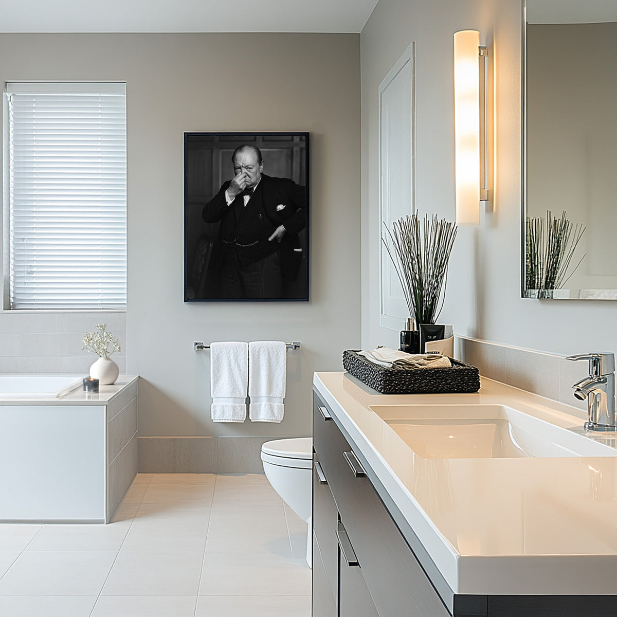 Poster Churchill qui se pince le nez en cadre noir dans une salle de bain moderne avec baignoire et vasque