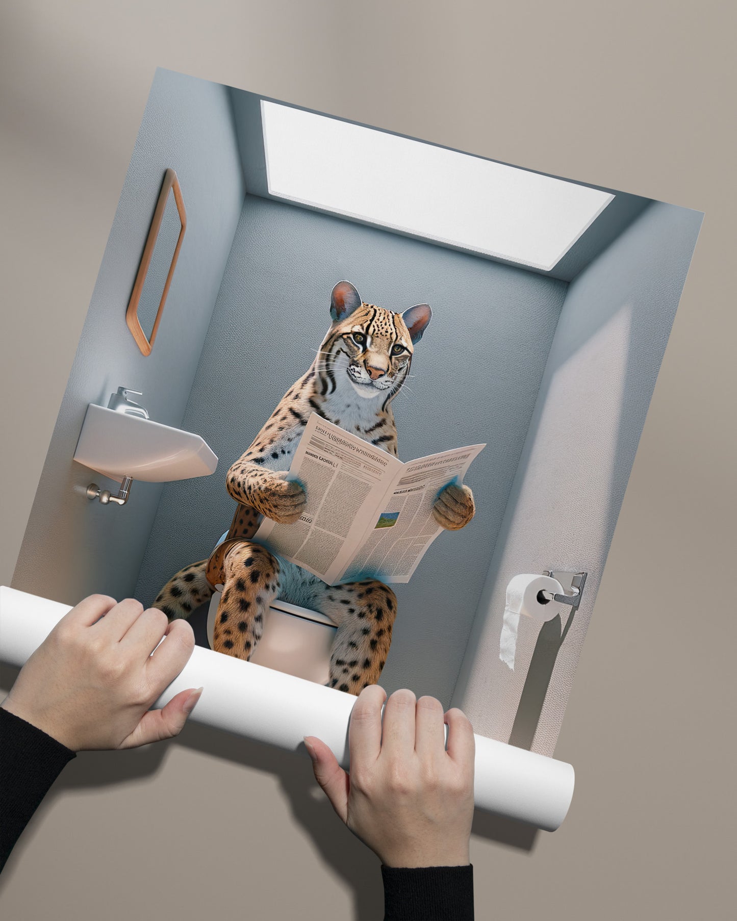 Ocelot reading the newspaper poster being unrolled by hand