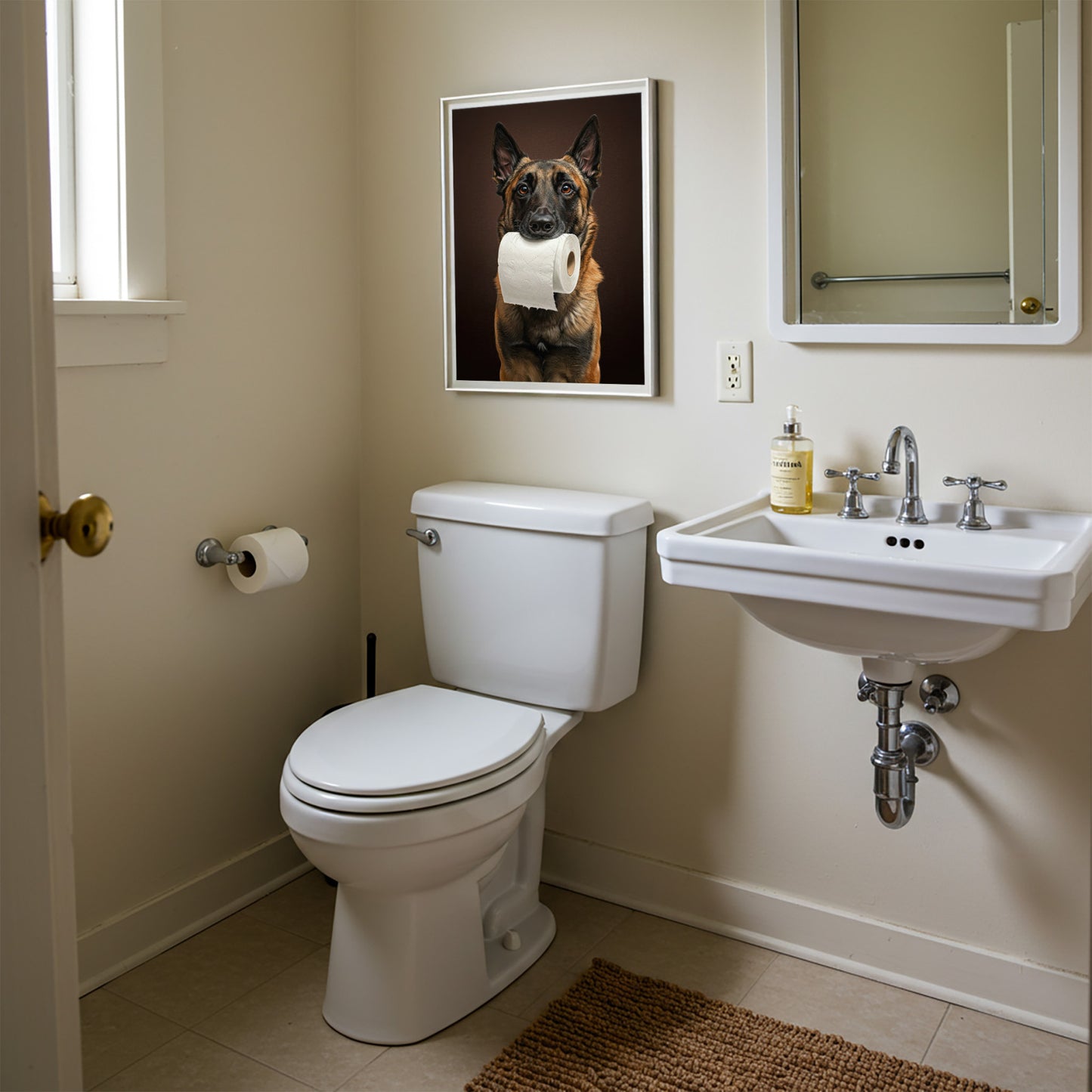 Poster Malinois drôle pour toilettes – Affiche encadrée chien, déco WC originale, idée cadeau humour chien, art mural moderne
