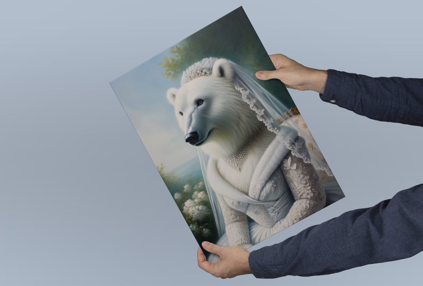 Polar bear bride poster held in both hands against a blue-gray background