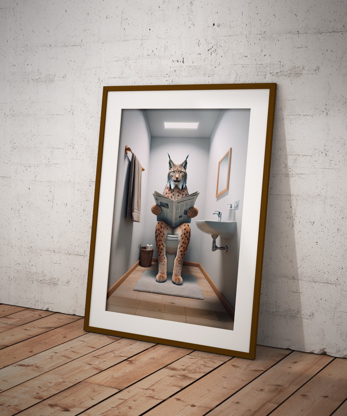 Poster Humour Lynx Lisant Journal aux Toilettes, Décoration Amusante Salle de Bain, Cadre WC, Idée Cadeau Rigolo