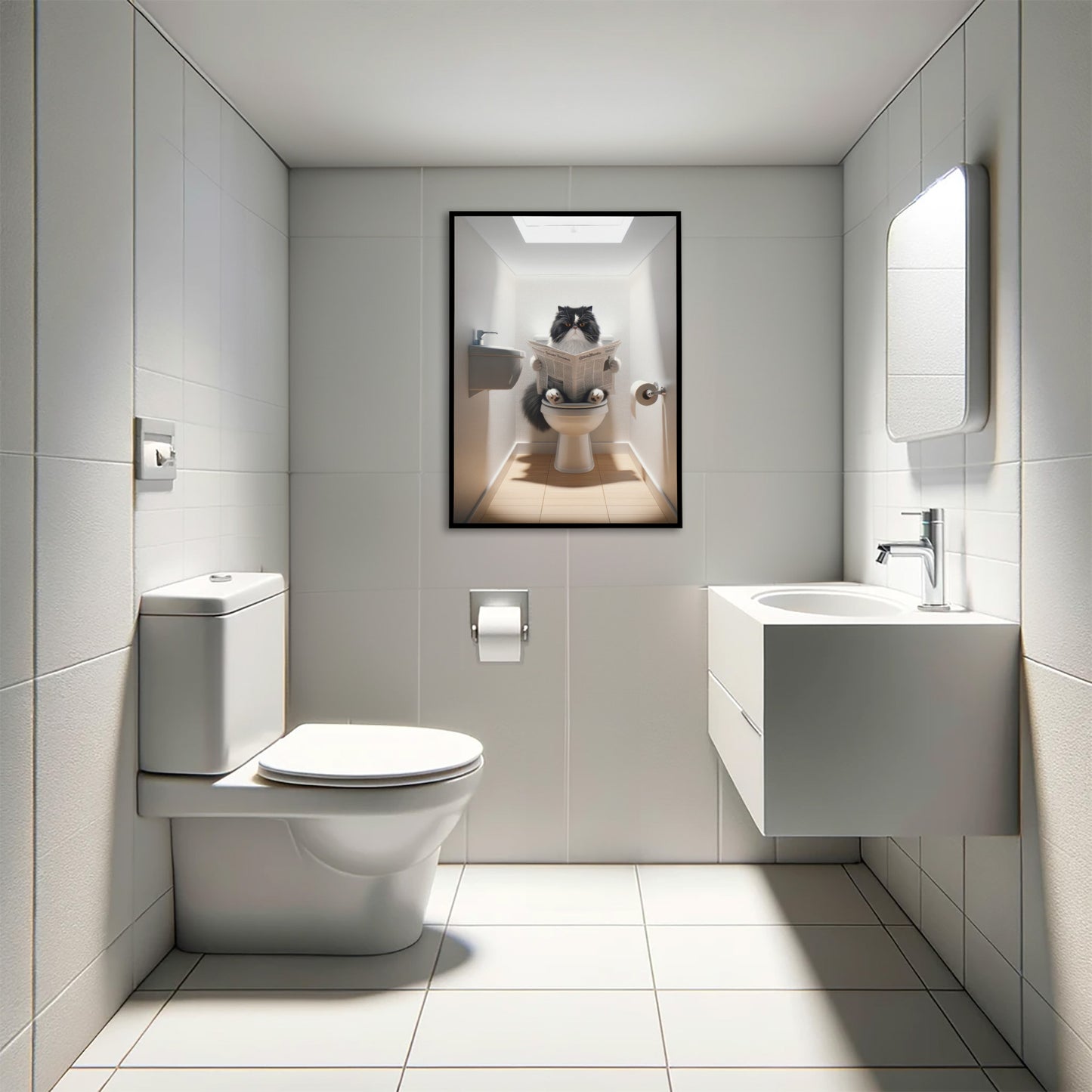 Affiche Humour : Chat Persan Noir et Blanc lisant aux Toilettes - Déco WC & Salle de Bain, Cadeau Rigolo pour Amateurs de Chats