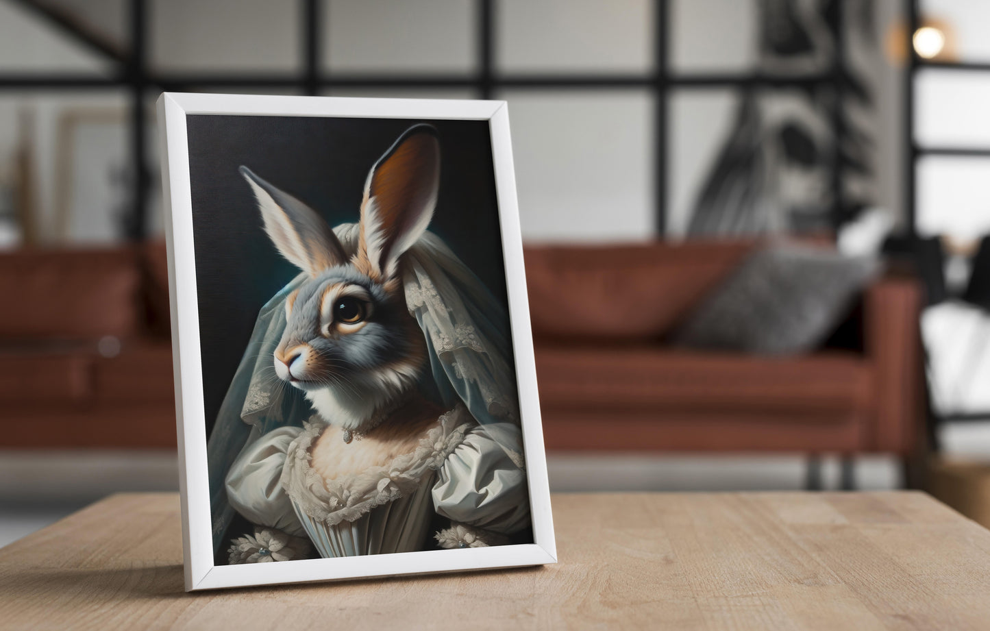 Poster lapine en robe de mariée, cadre blanc posé sur une table en bois, canapé en cuir flou au fond