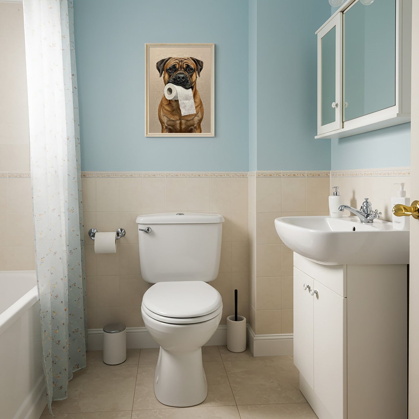 Poster Bullmastiff et son rouleau de papier toilette sur un mur bleu ciel au-dessus des WC
