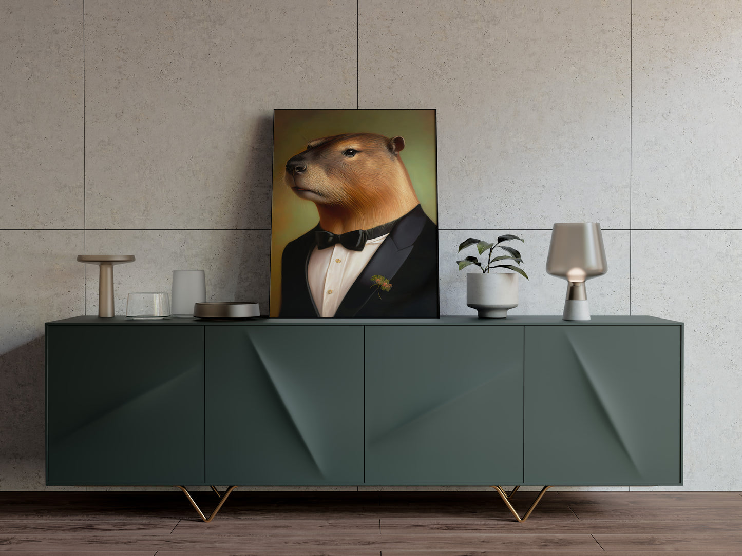 Capybara in tuxedo poster resting on a dark green sideboard with a lamp and vases