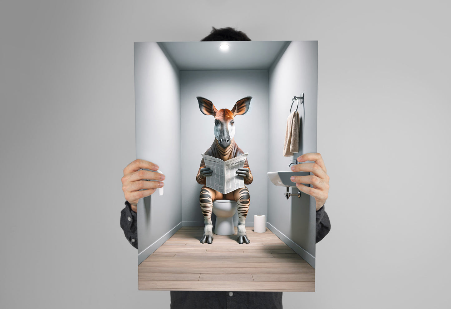 Poster okapi lisant le journal tenu à deux mains devant un fond gris