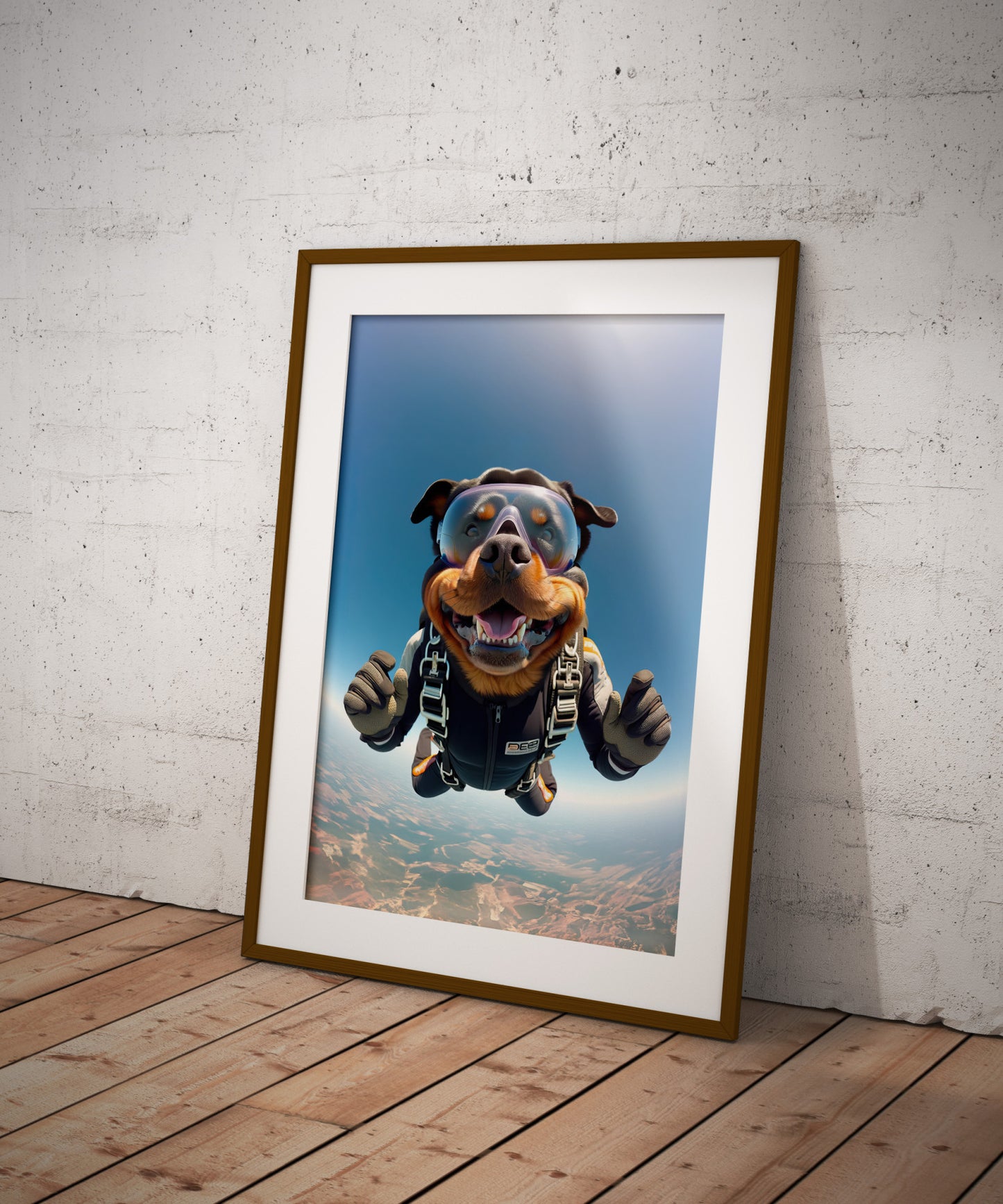Affiche Rottweiler en chute libre avec passe-partout et cadre bois foncé, posée sur un parquet contre un mur blanc