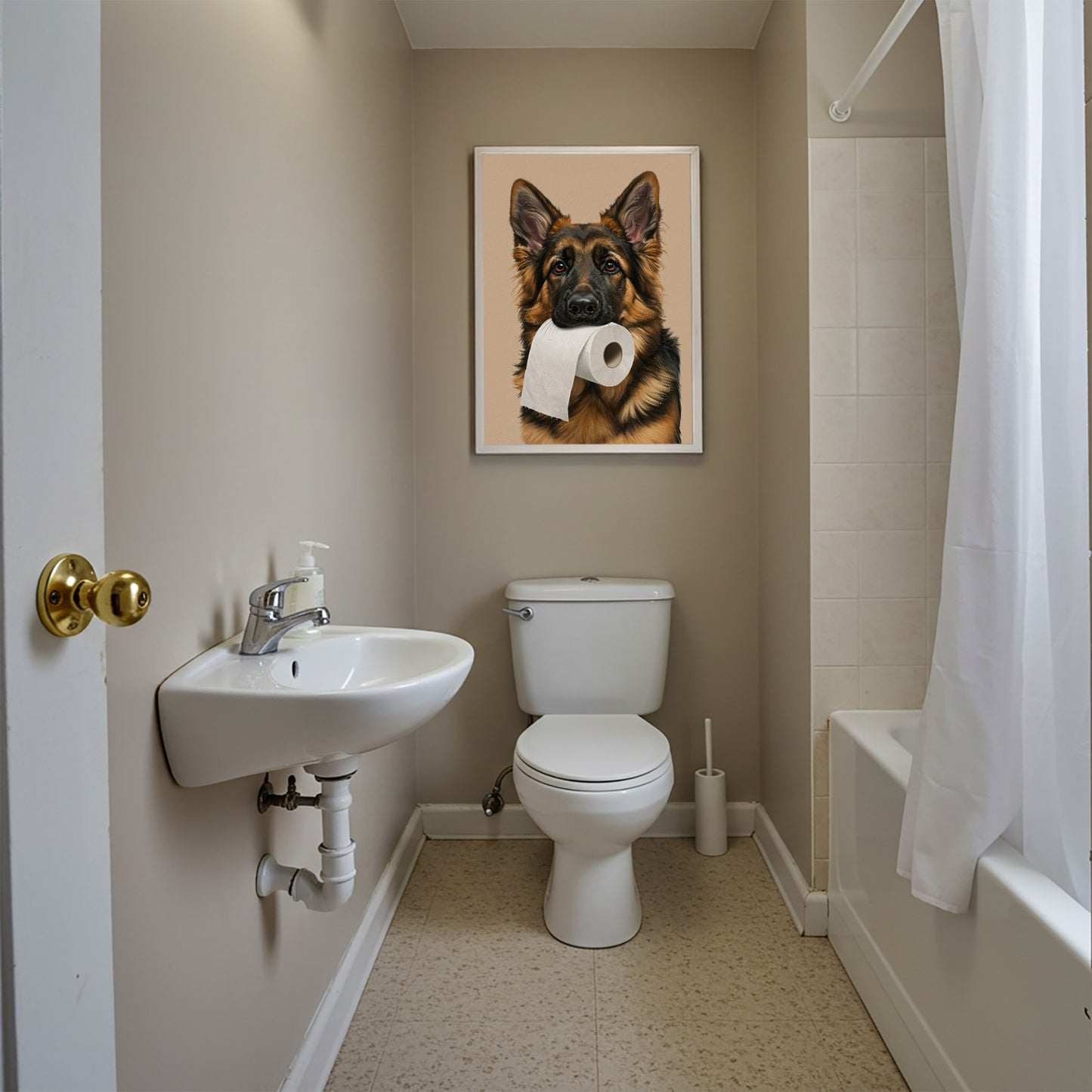 German Shepherd Bathroom Poster – Funny Dog Wall Art, Toilet Humor Decor, GSD Gift, Framed Print for Dog Lovers, WC Home Decoration
