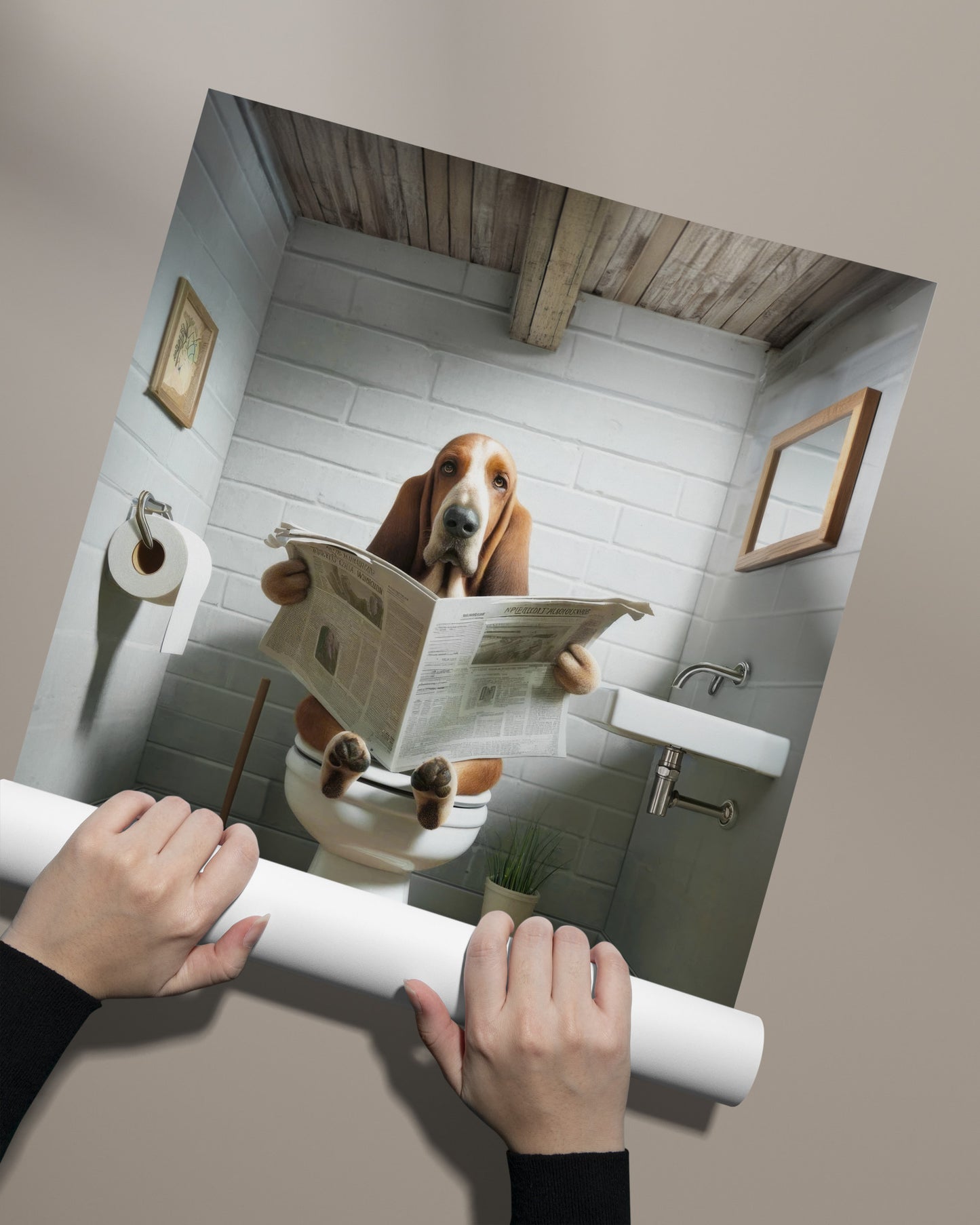 Poster Humoristique Basset Hound lisant le Journal sur les Toilettes – Décoration WC et Salle de Bain, Cadeau Amusant