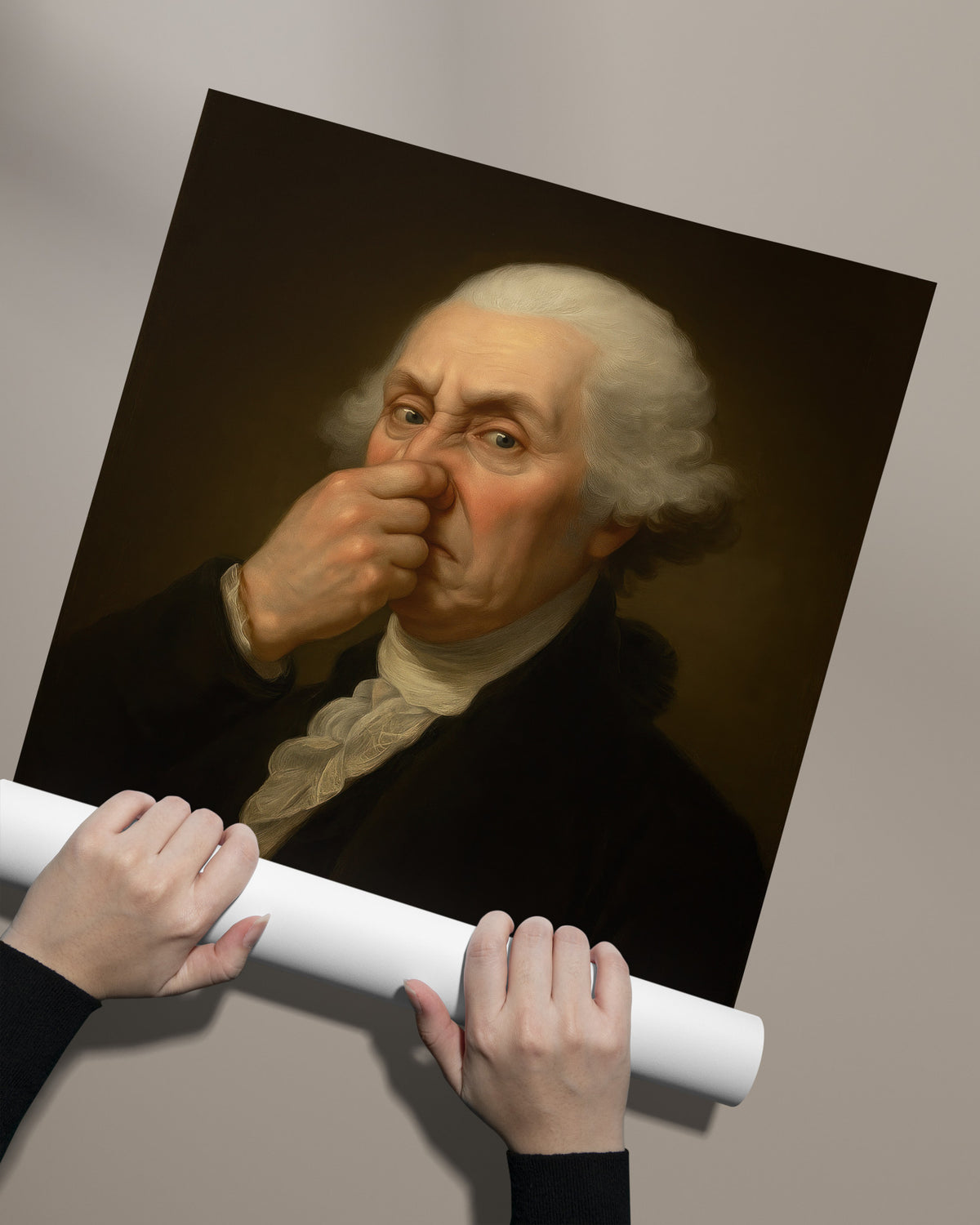 Poster Washington qui se pince le nez tenu à deux mains et déroulé contre un mur