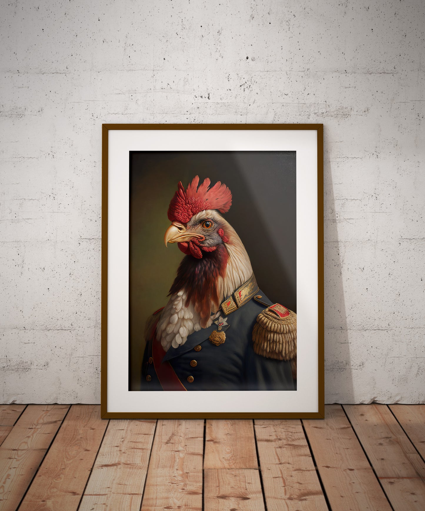 Poster coq en uniforme, cadre bois foncé et passe-partout, posé au sol contre un mur de briques blanches