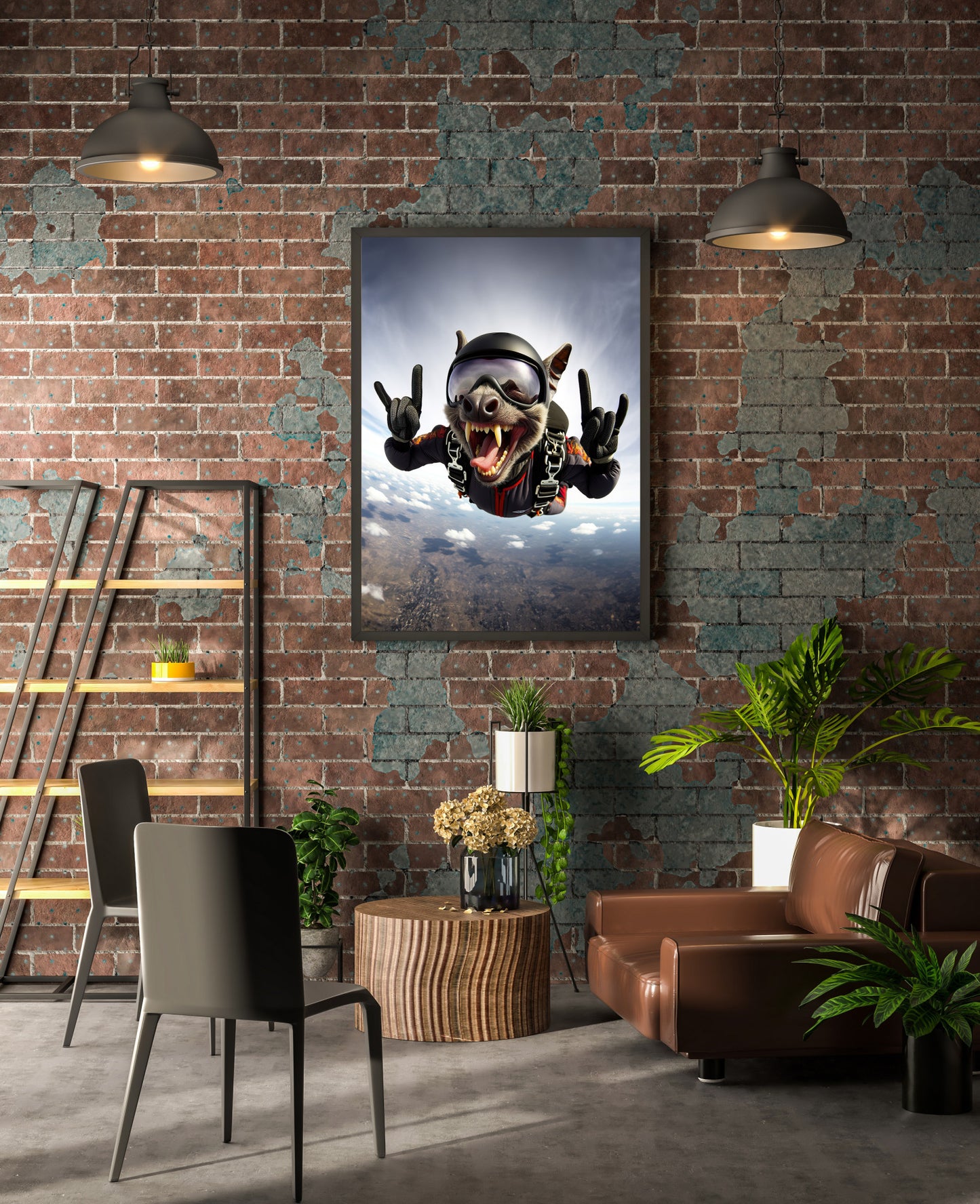 Bat skydiving poster in a black frame on a red brick wall in a loft with pendant lights