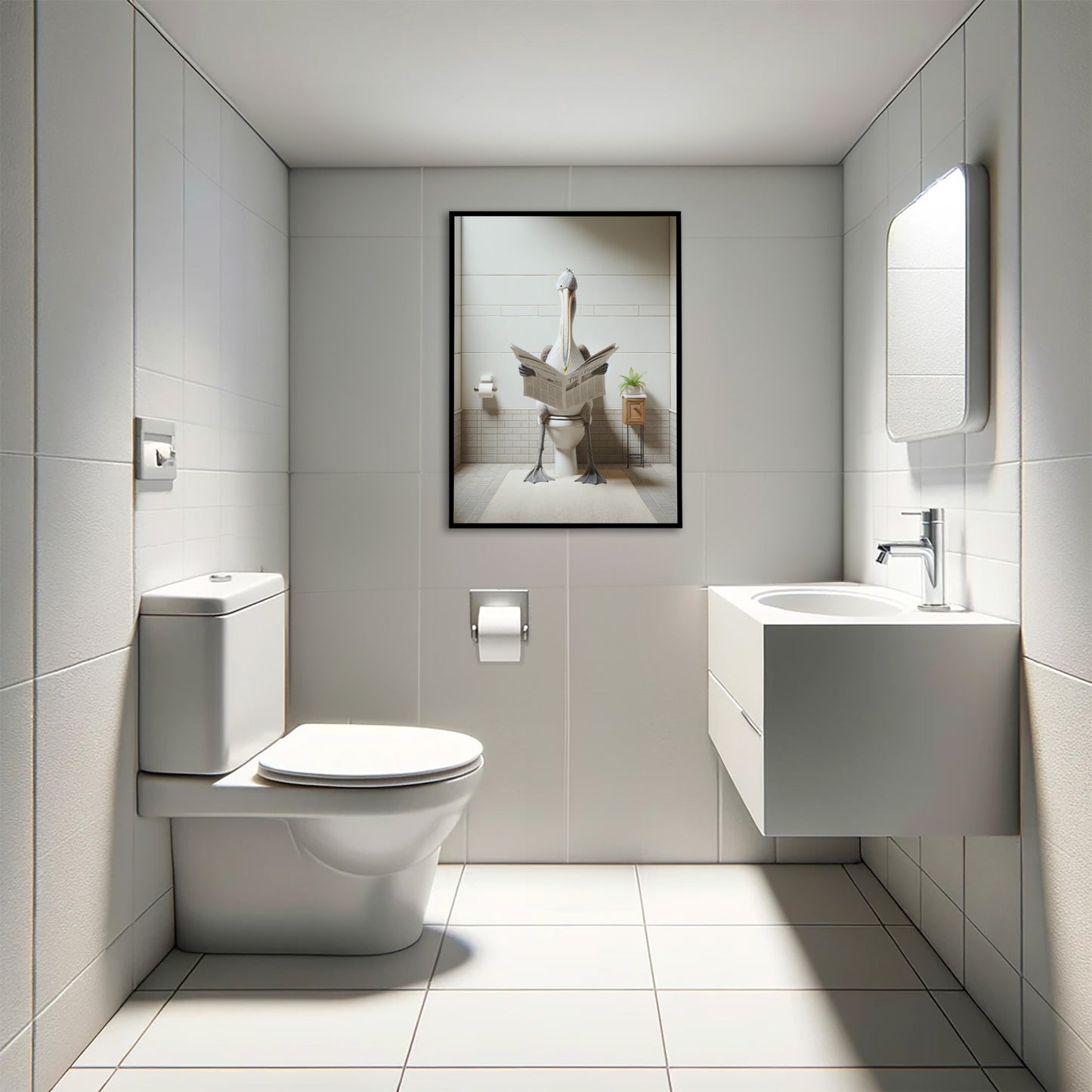 Poster Humoristique Pelican aux Toilettes, Décoration WC Amusante, Cadre Salle de Bain, Idée Cadeau Originale