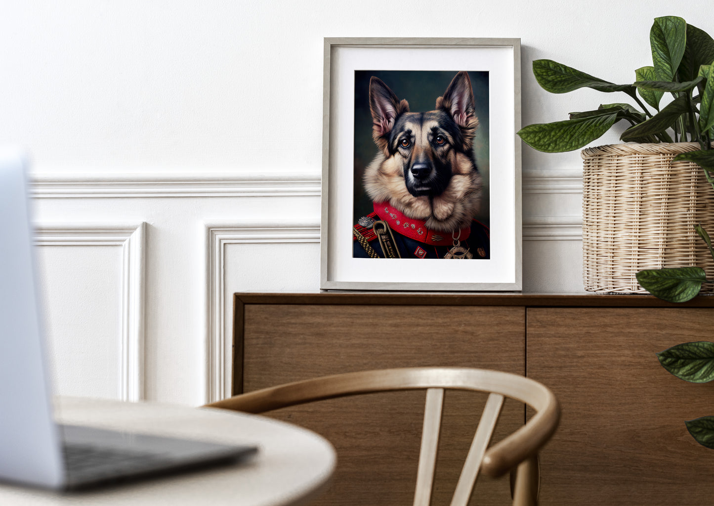 German Shepherd uniform poster in a thin frame with mat on a wooden sideboard