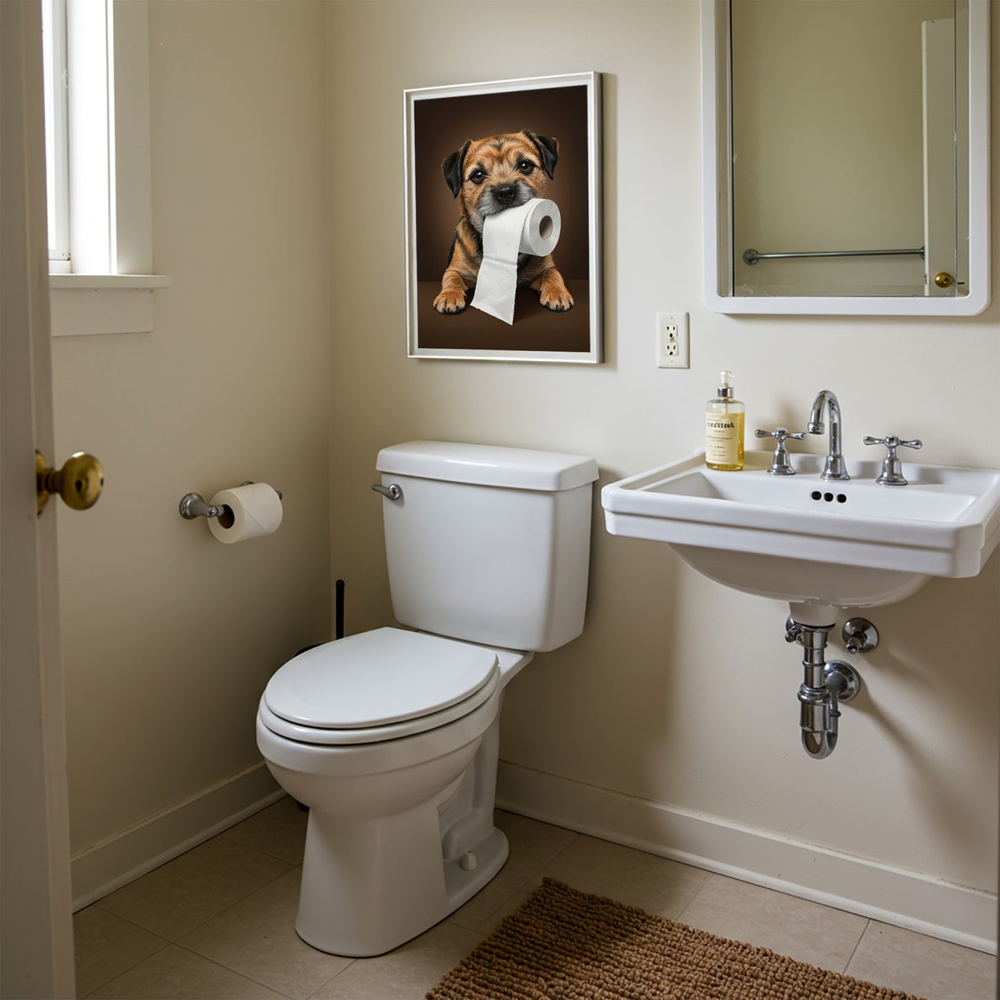 Poster Border Terrier tenant un rouleau de papier toilette, encadré au-dessus des WC près du lavabo