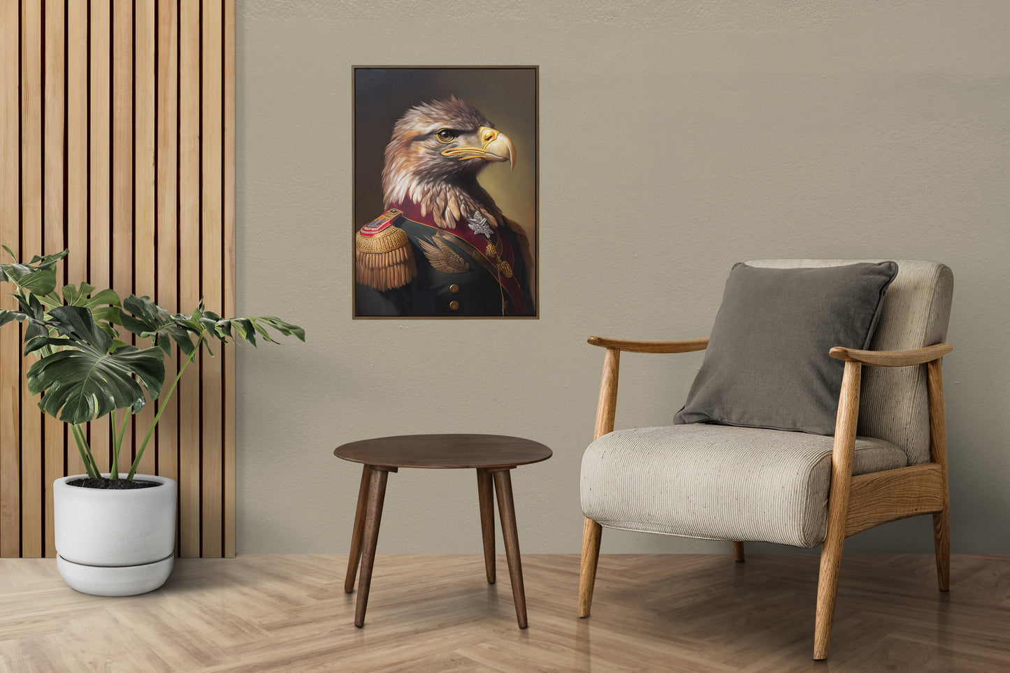 Poster aigle officier sur un mur taupe, au-dessus d'un fauteuil beige près de tasseaux en bois