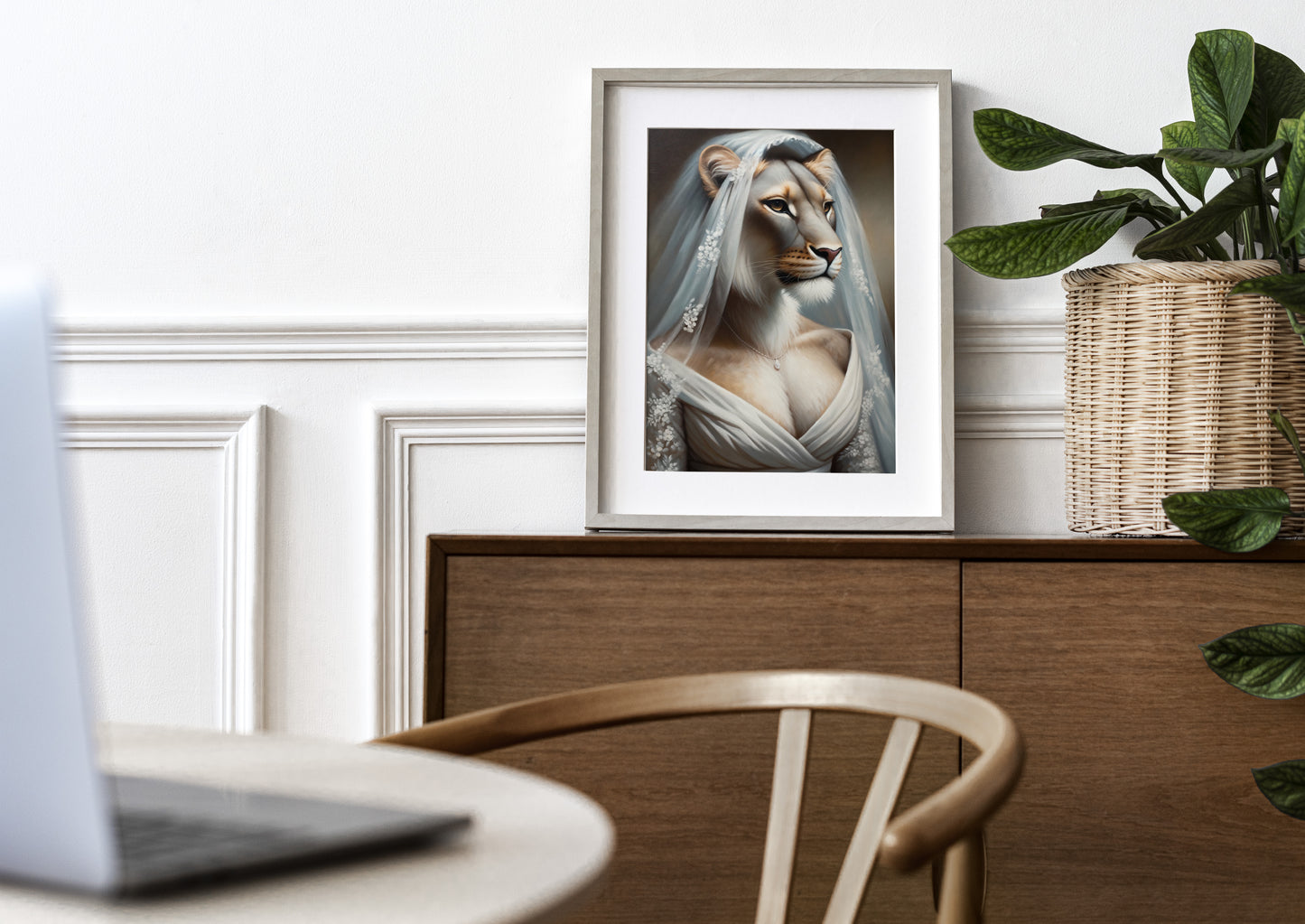 Poster lionne mariée, cadre bois clair et passe-partout sur un buffet en bois près d'une plante