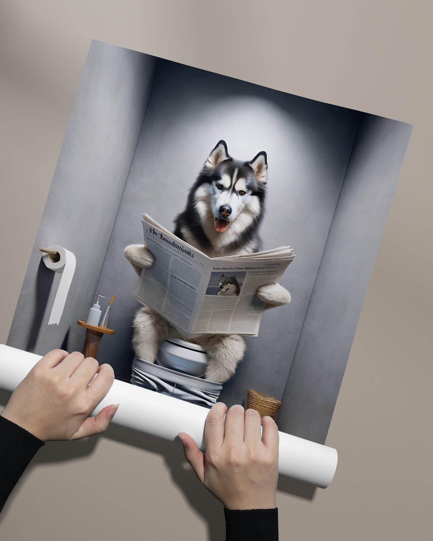 Poster husky aux toilettes sans cadre, déroulé à la main