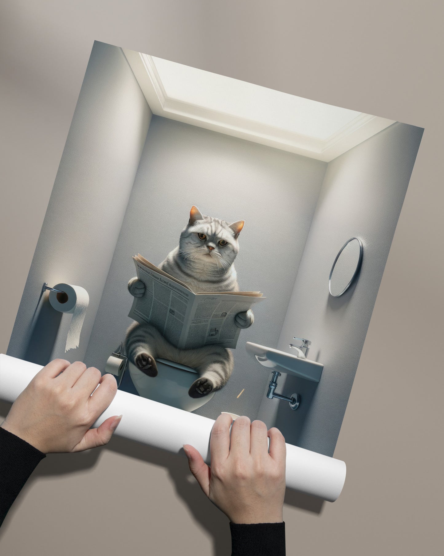 Affiche chat British Shorthair tigré argenté aux WC déroulé à la main, sans cadre