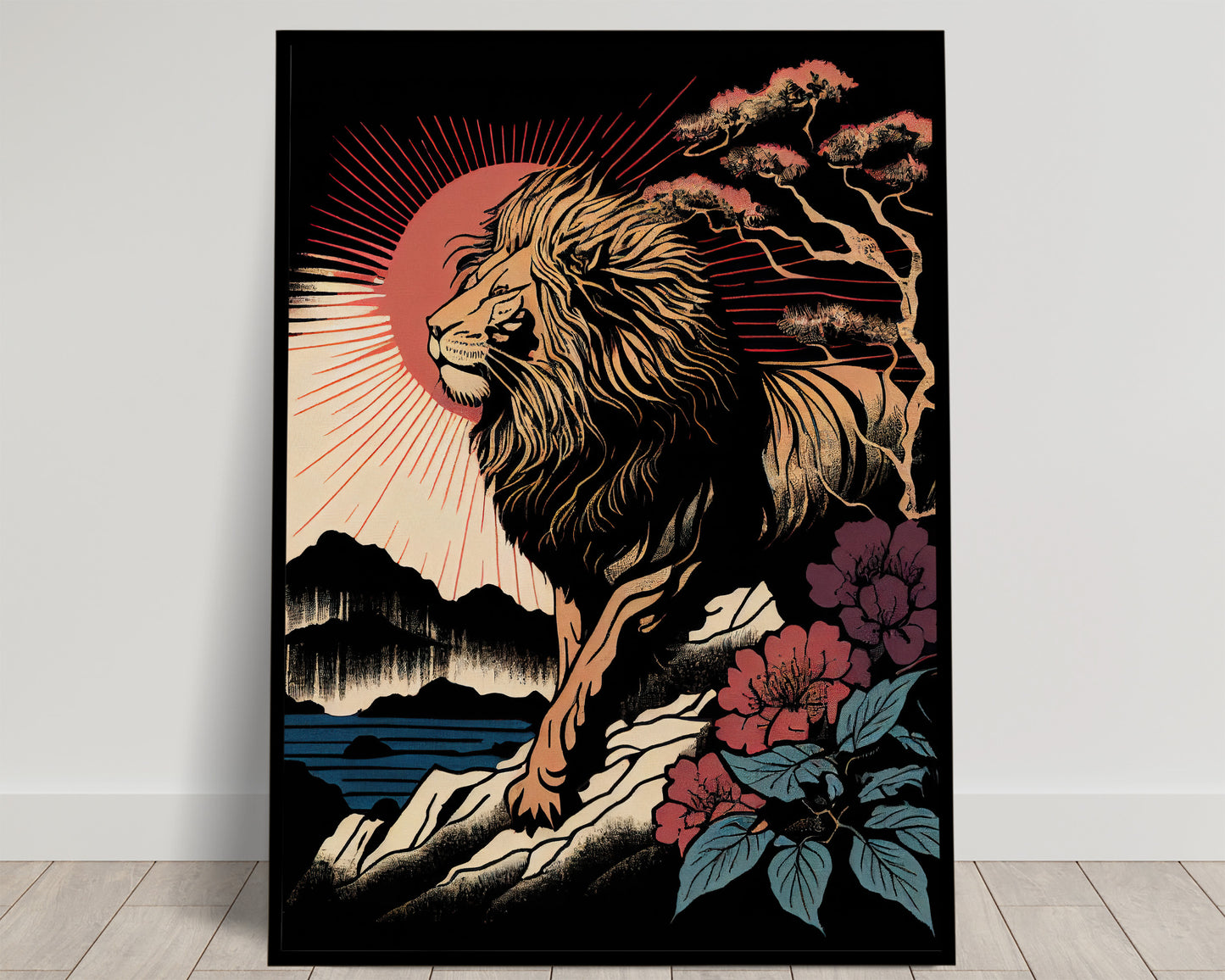Lion doré devant un soleil rouge, montagnes et fleurs roses sur fond noir, style ukiyo-e, poster Balthazart Studio