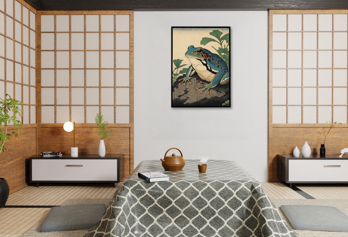 Poster grenouille art japonais, cadre noir au mur d'une pièce japonaise à cloisons shoji et table basse