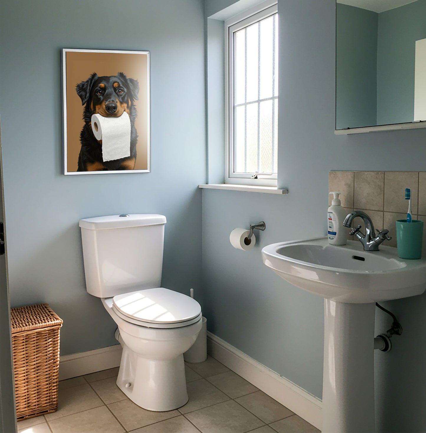 Poster chien Beauceron drôle pour toilettes – Affiche encadrée humour WC, cadeau original Berger de Beauce, déco murale