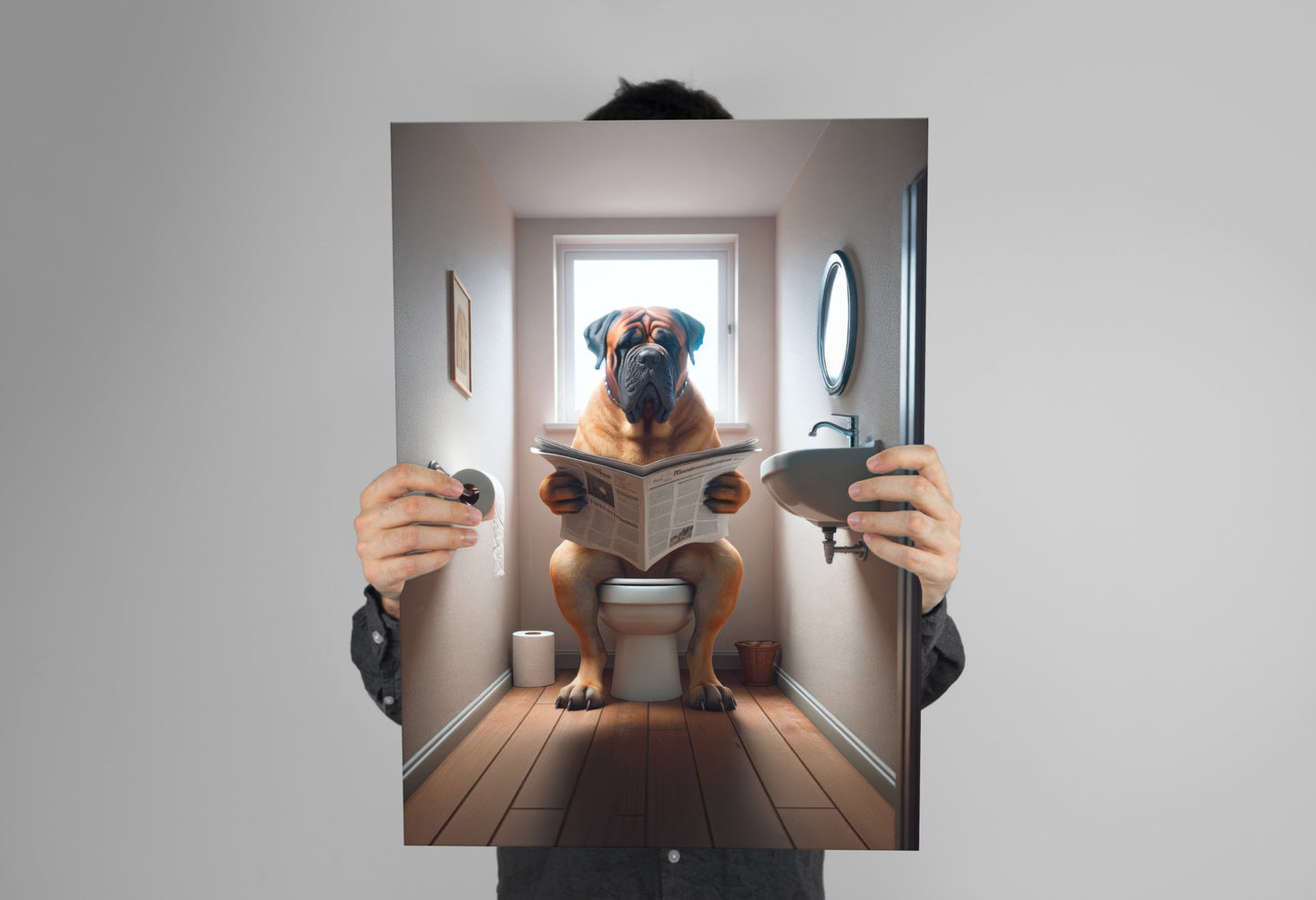 Affiche d'un Bullmastiff lisant le journal, Déco Humour WC, Cadre Toilettes, Poster Salle de Bain, Cadeau Chien Amusant
