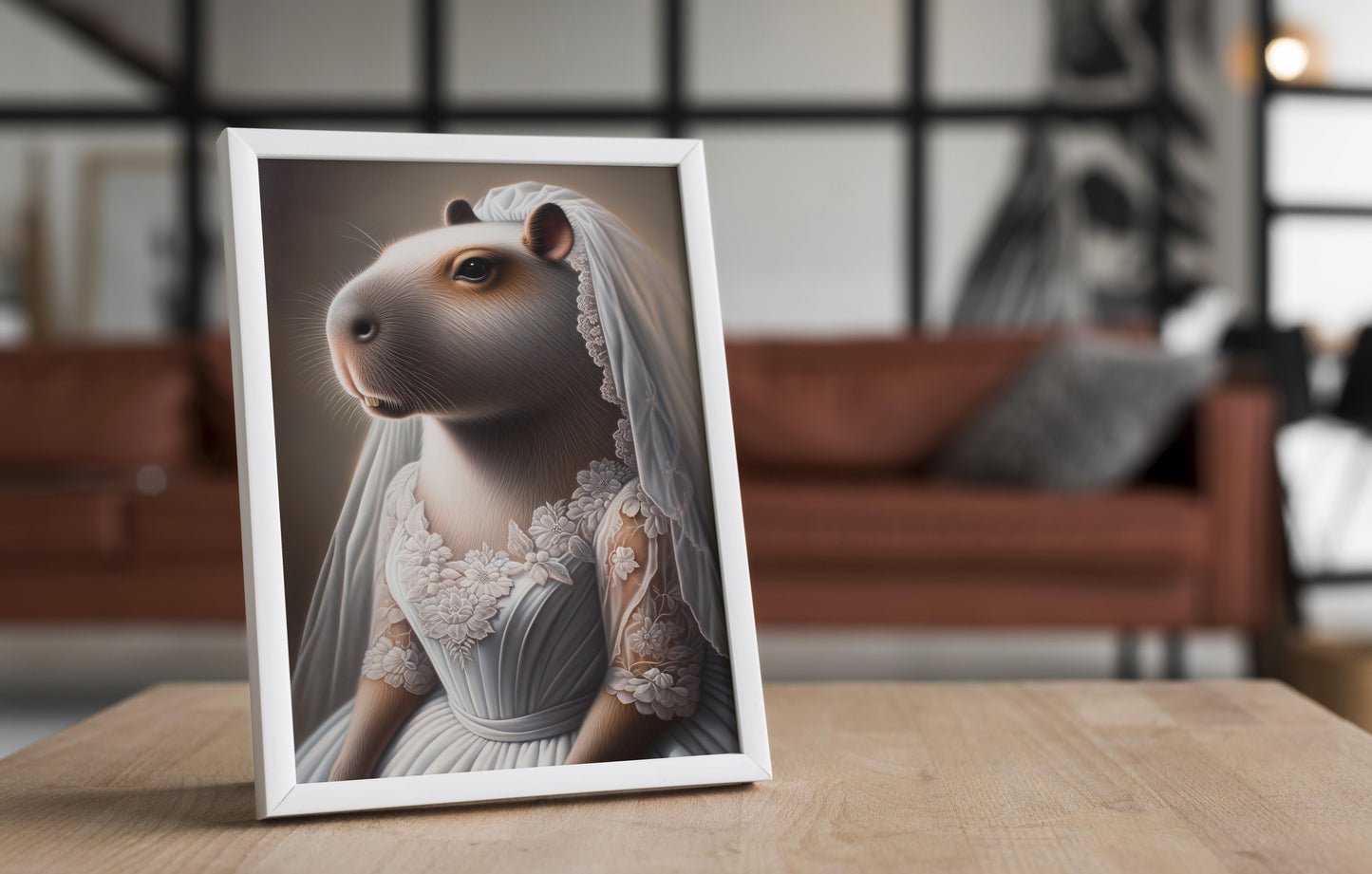 Poster capybara en robe blanche en cadre blanc posé sur une table en bois, salon en fond