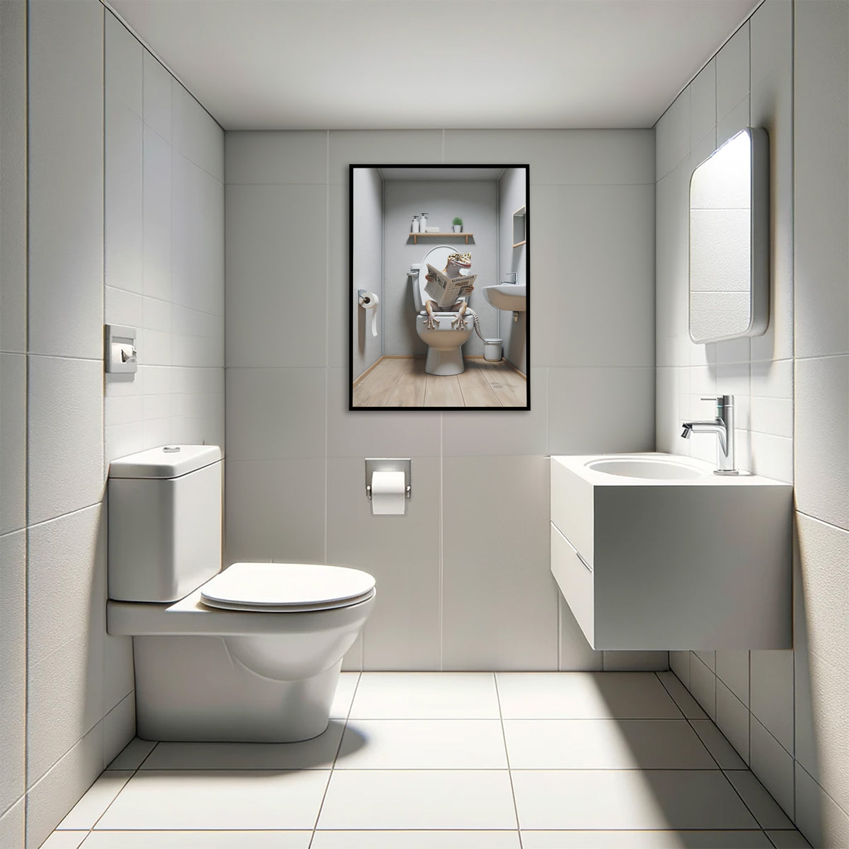 Poster lézard lisant le journal aux toilettes en cadre noir au-dessus d'un WC suspendu, toilettes carrelées