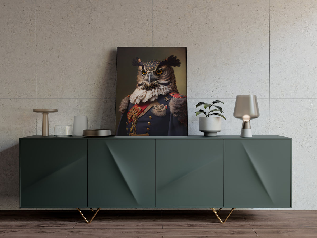 Poster hibou en uniforme militaire posé sur un buffet vert, mur en dalles beiges
