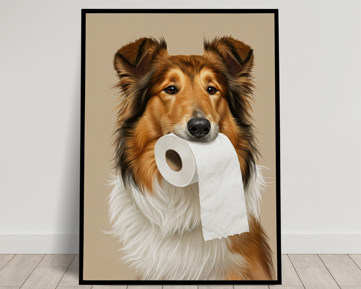 Colley fauve et blanc tenant un rouleau de papier toilette dans la gueule, fond beige, poster Balthazart Studio