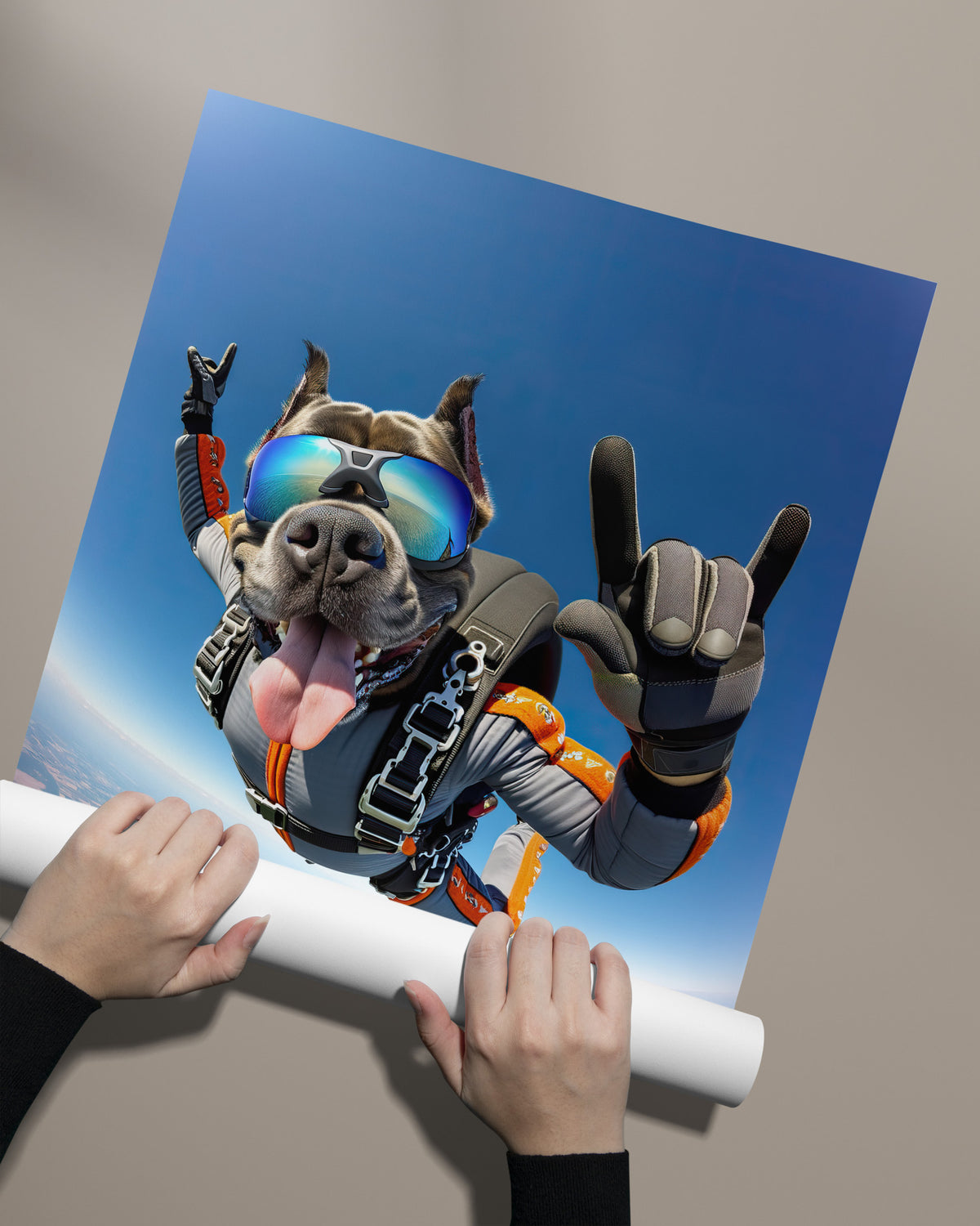 Poster Cane Corso en saut en parachute déroulé à la main