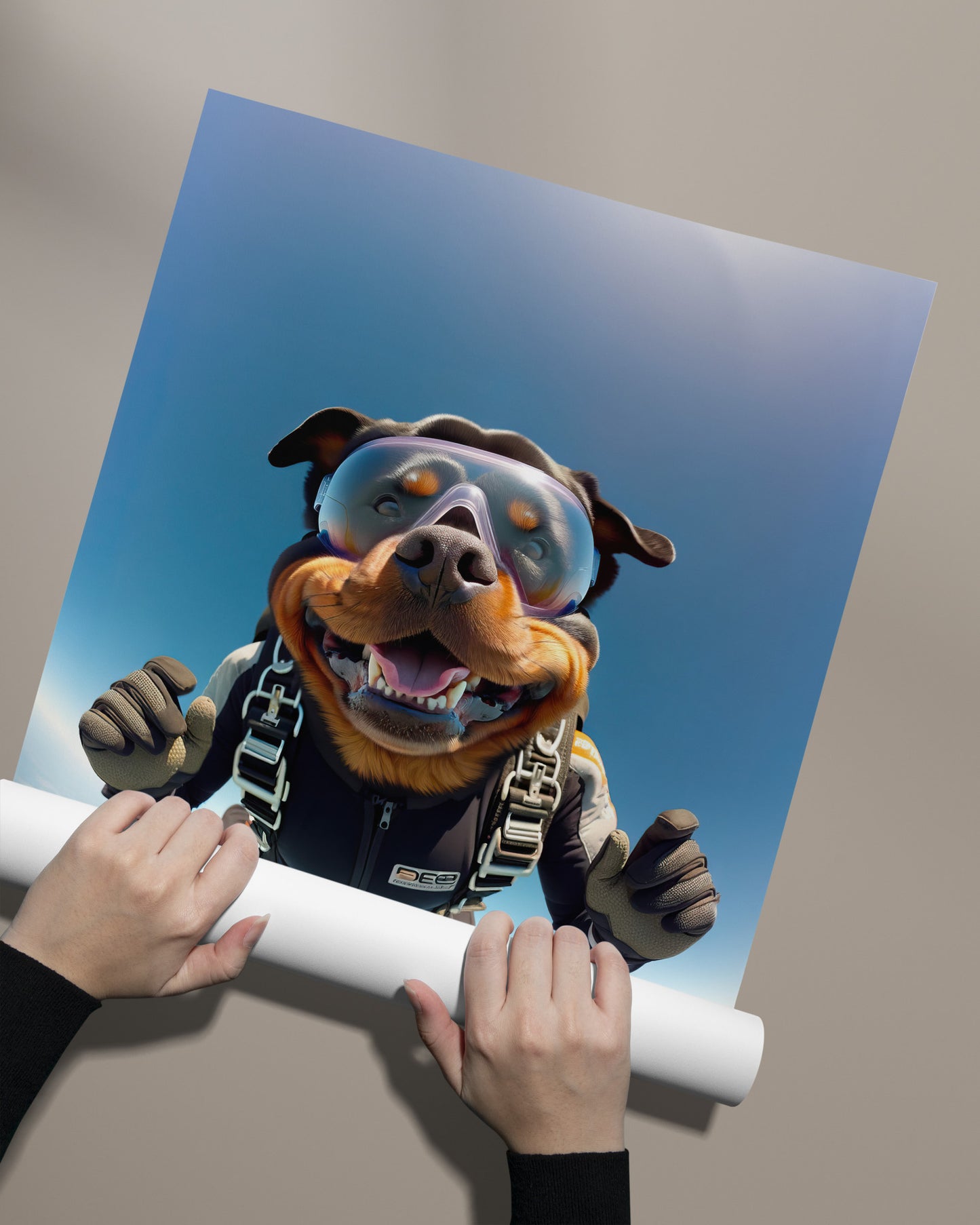Affiche Rottweiler en chute libre sans cadre, déroulée à la main sur fond beige