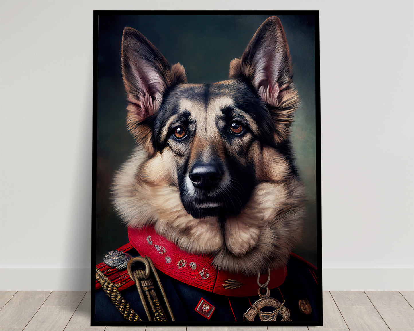 Portrait of a German Shepherd in a blue military uniform with red collar and decorations, Balthazart Studio poster