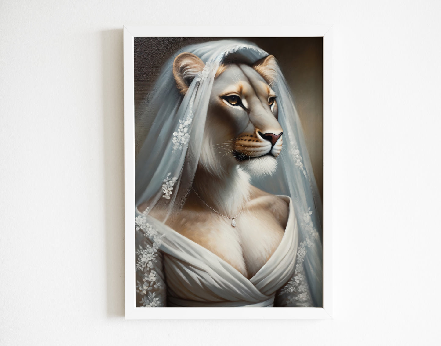 Poster Lionne en Robe de Mariée - Décoration Murale Animaux, Affiche Humour Mariage, Cadre Original Lionne