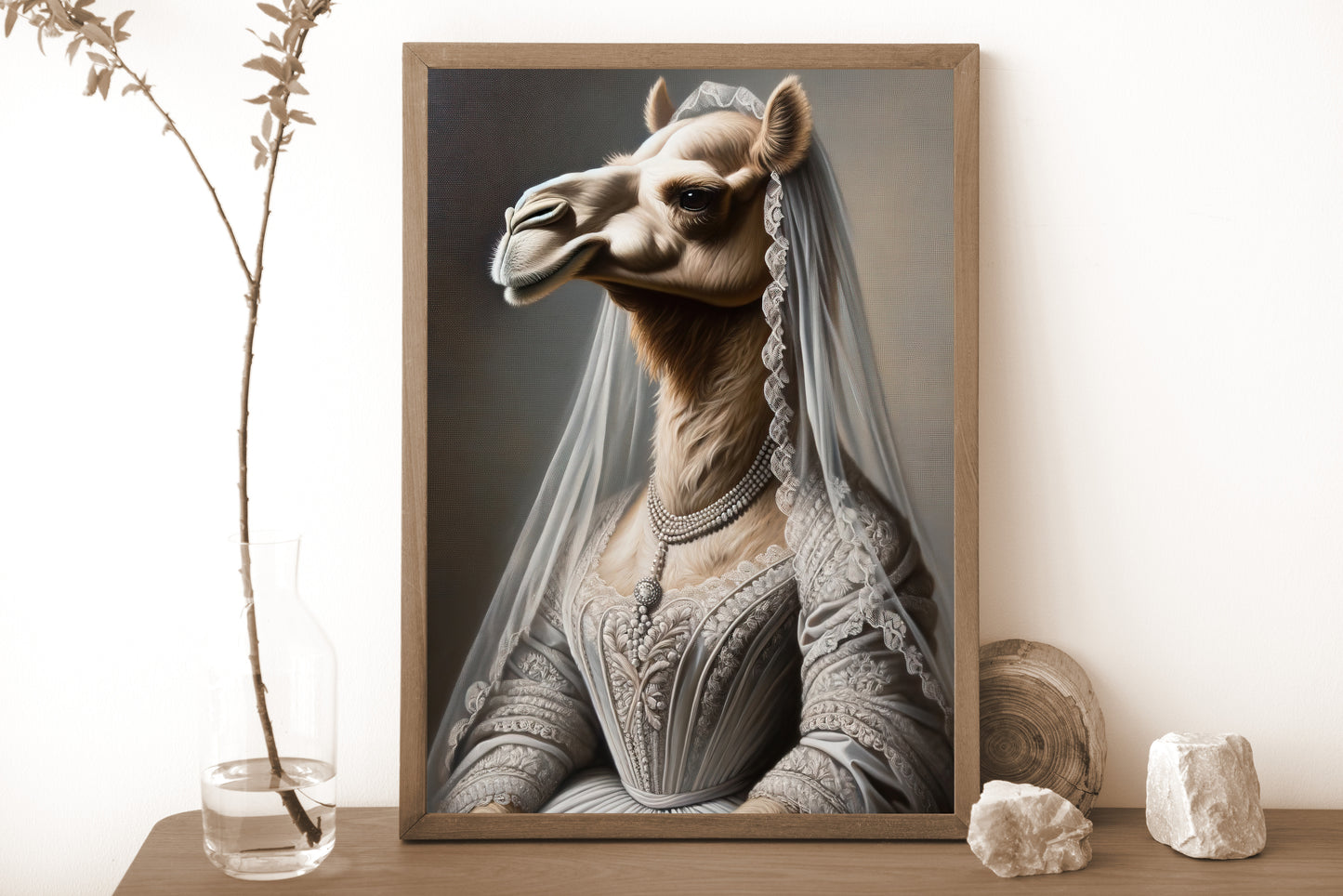 Camel in wedding dress poster in a dark wood frame on a shelf with a dried branch vase and stones