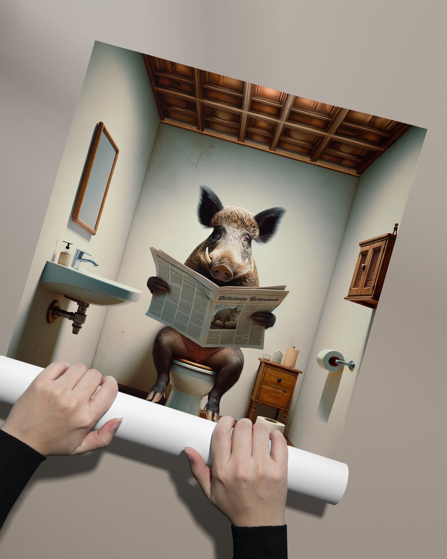 Paper print of the wild boar reading the newspaper poster unrolled by hand