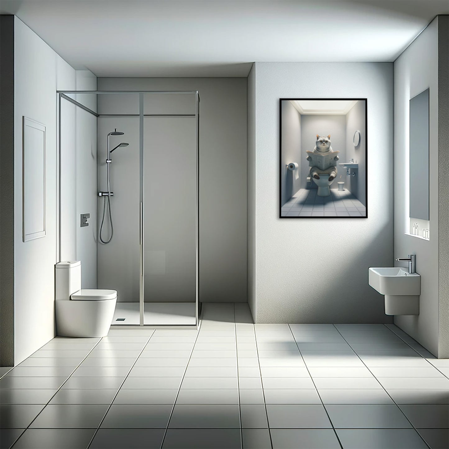 Affiche chat British Shorthair tigré argenté en cadre noir au mur d'une salle de bain grise avec douche vitrée