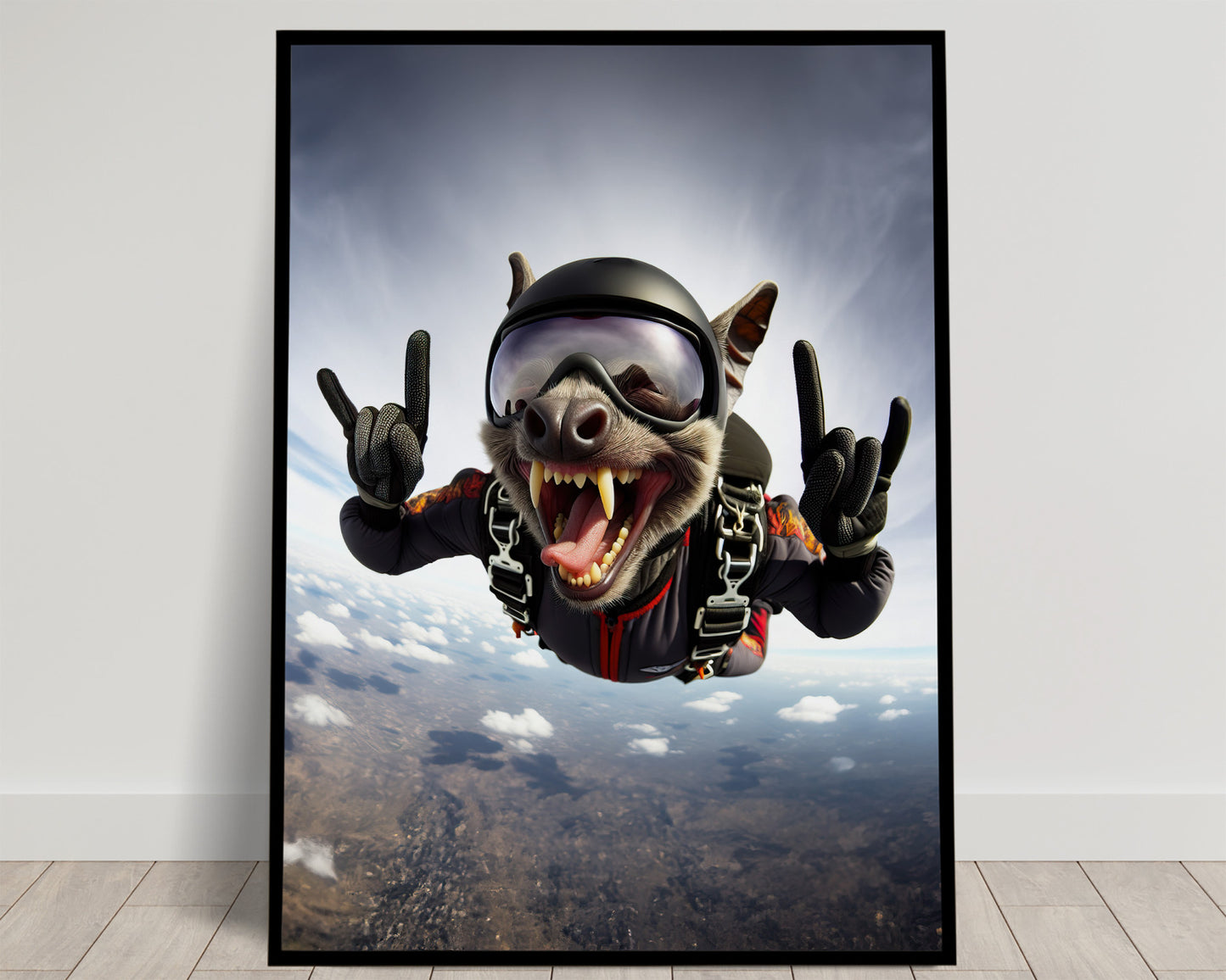 Fanged bat free falling in a helmet and goggles, rock-on signs with both hands, cloudy sky, Balthazart Studio poster