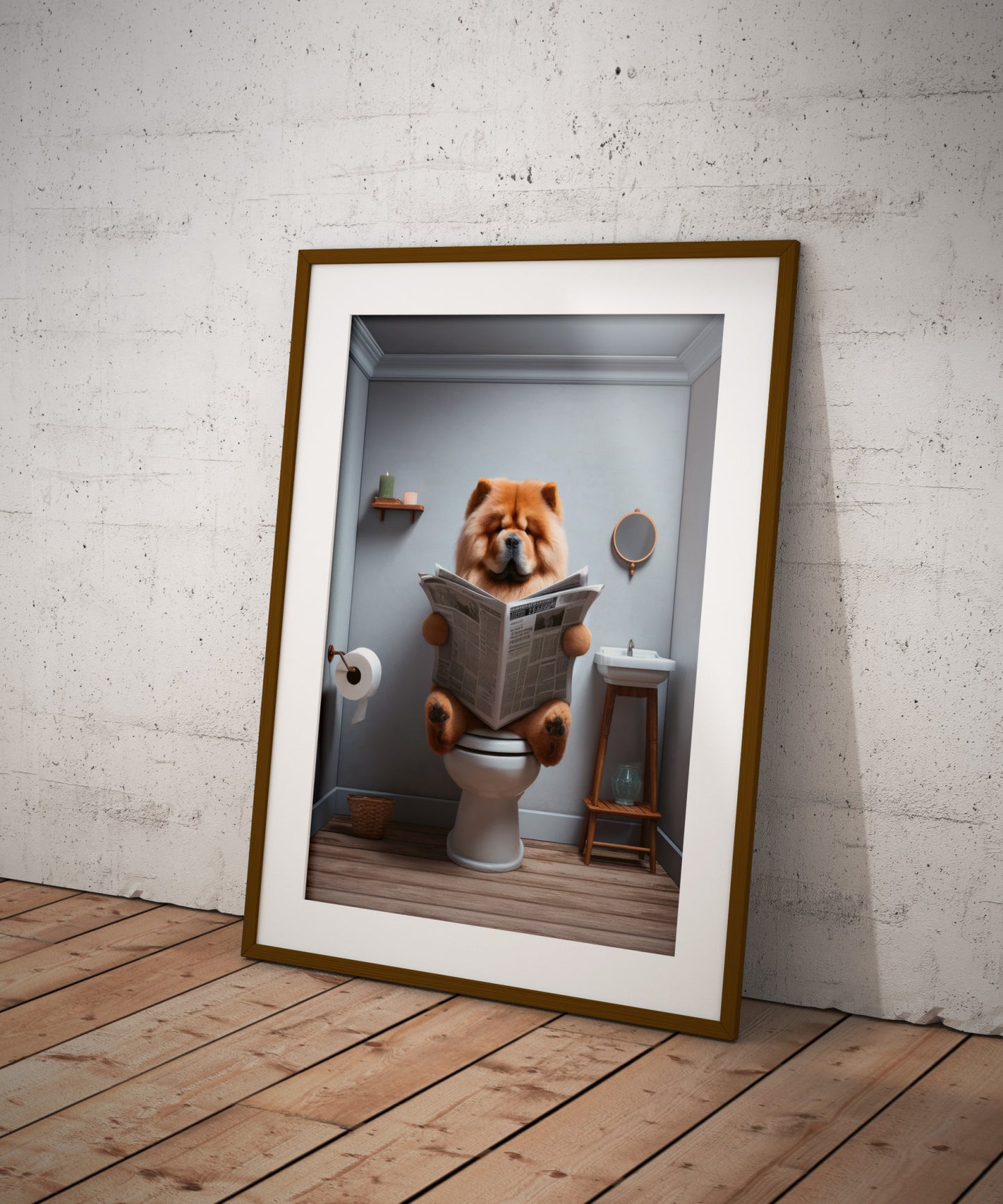 Chow Chow poster in a dark wood frame with mat, standing on a plank floor