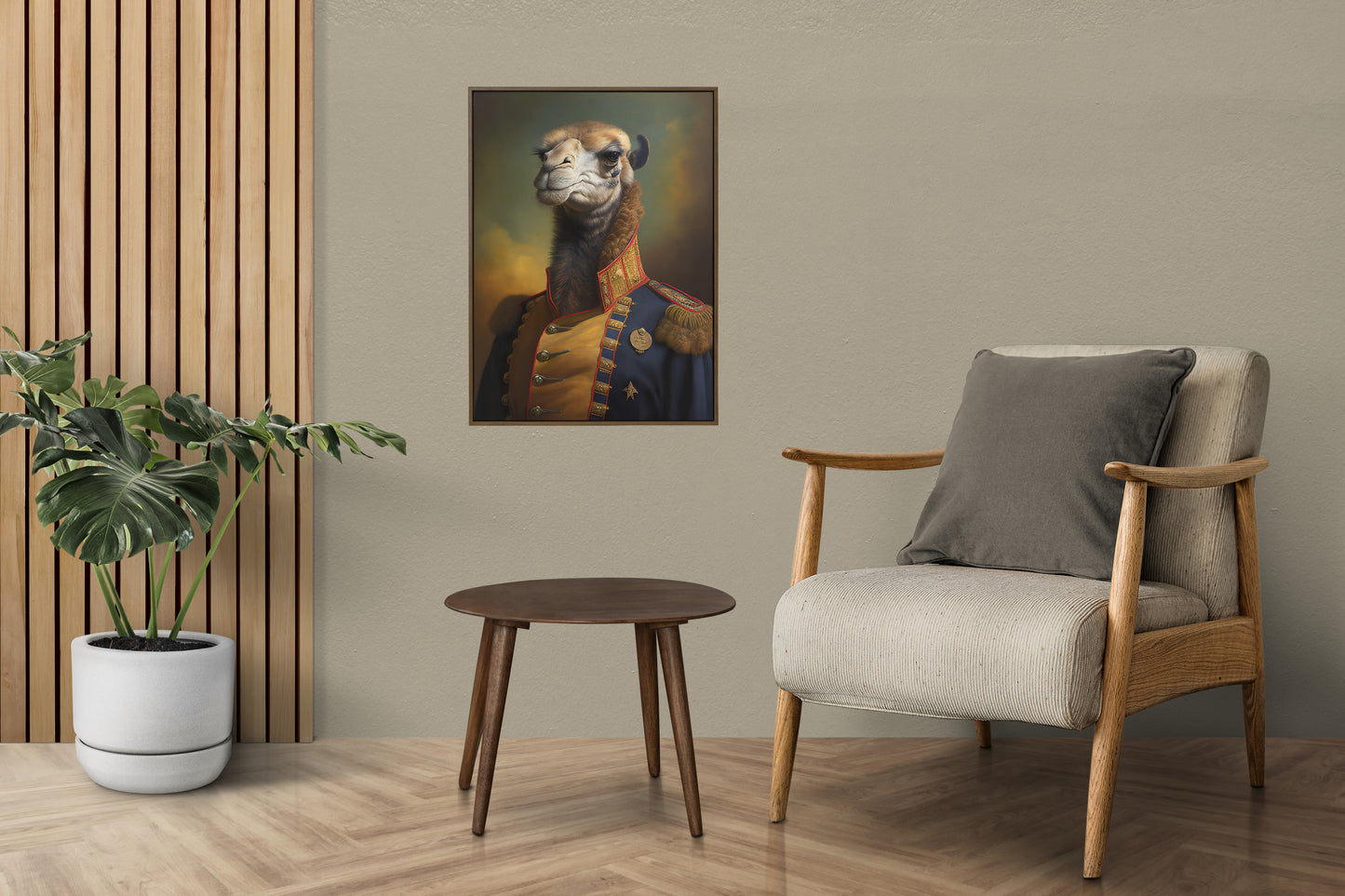 Poster chameau en uniforme sur un mur taupe, au-dessus d'un fauteuil beige près de tasseaux en bois