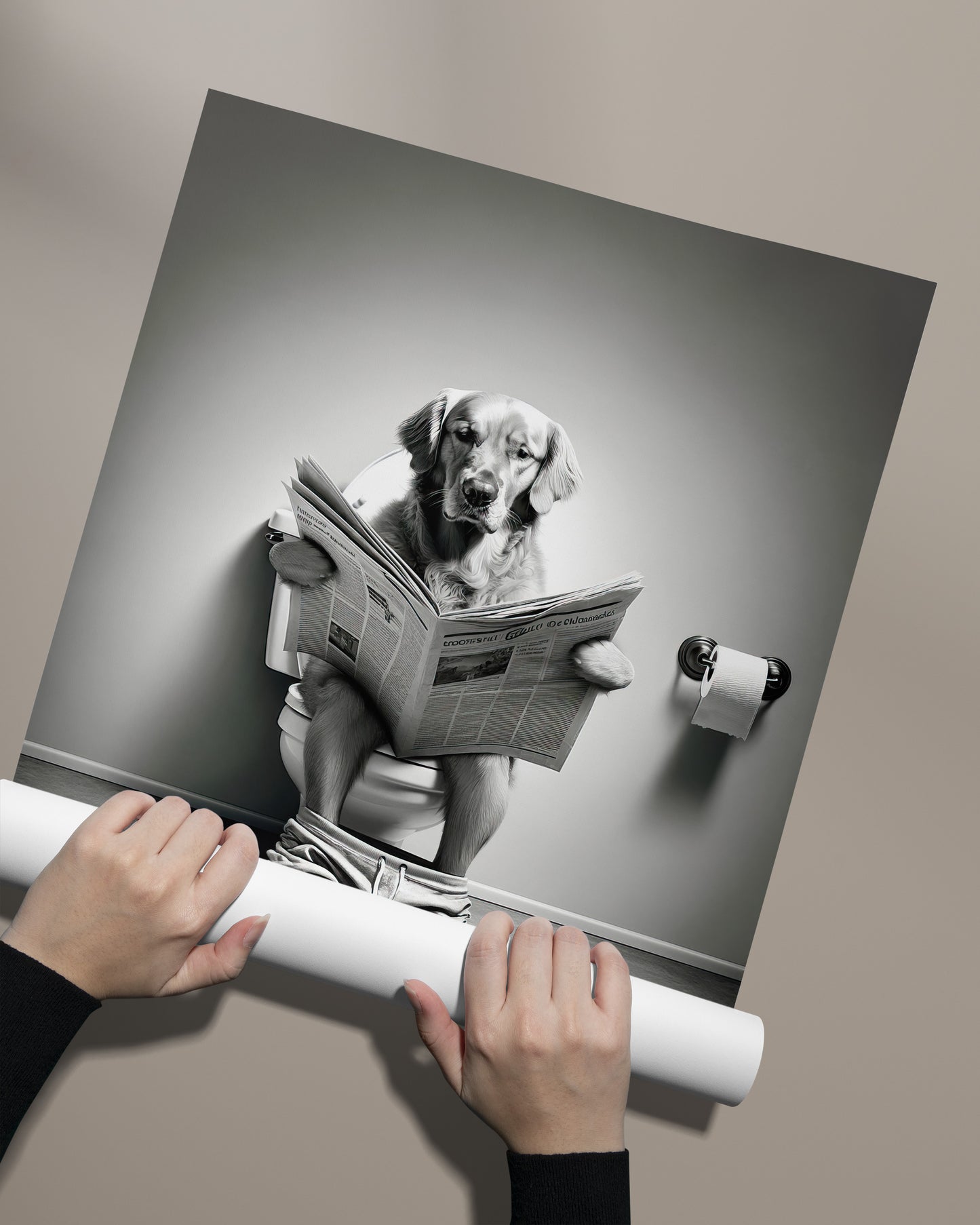Poster golden retriever lisant le journal déroulé à la main sur fond taupe