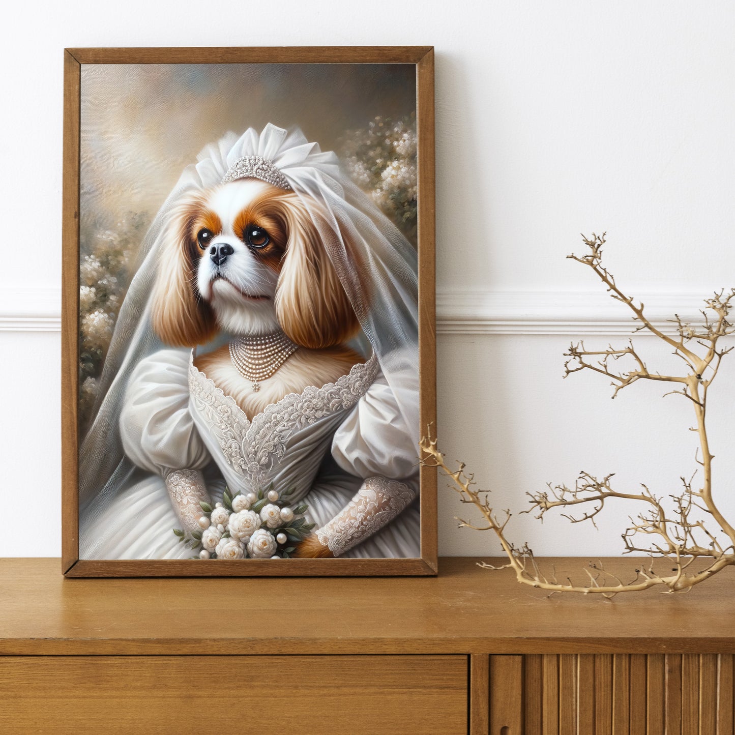 Poster chien Cavalier King Charles en robe de mariée, cadre bois foncé sur un buffet en bois avec une branche décorative