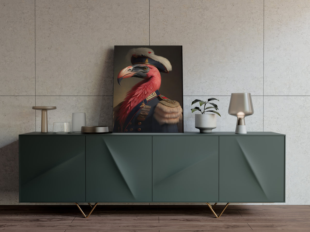 Poster flamant rose en uniforme posé sur un buffet vert, mur en dalles beiges