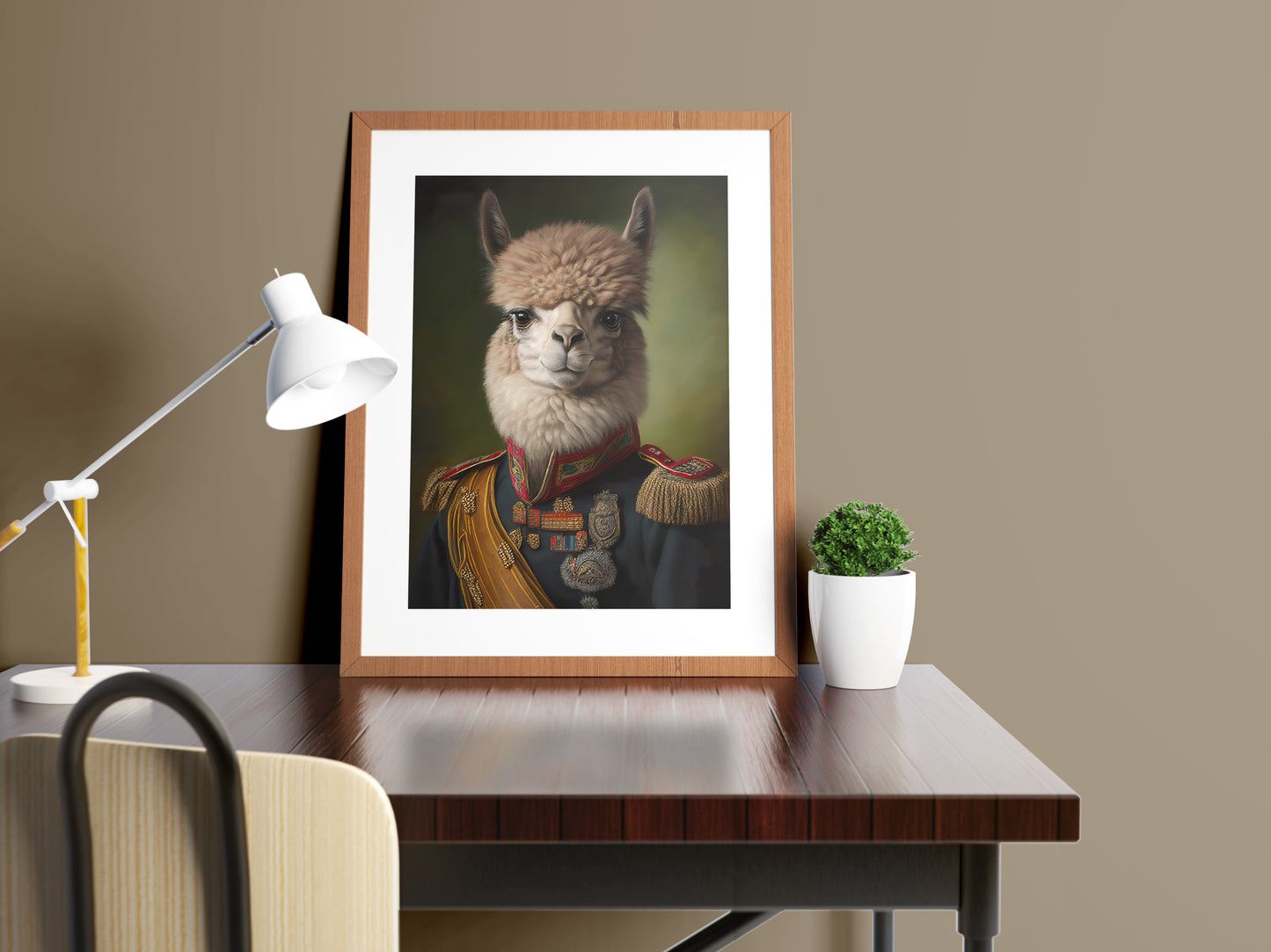 Alpaca in military uniform poster in a wooden frame with a mat on a desk beside a white lamp