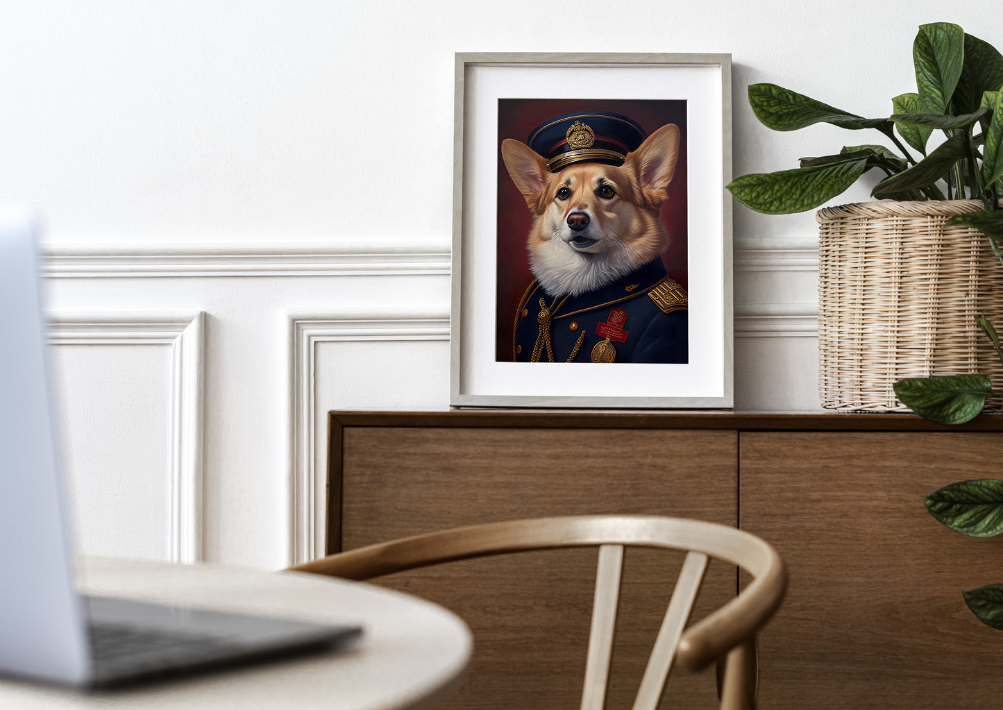 Poster corgi en uniforme, cadre bois clair et passe-partout, posé sur un buffet en bois