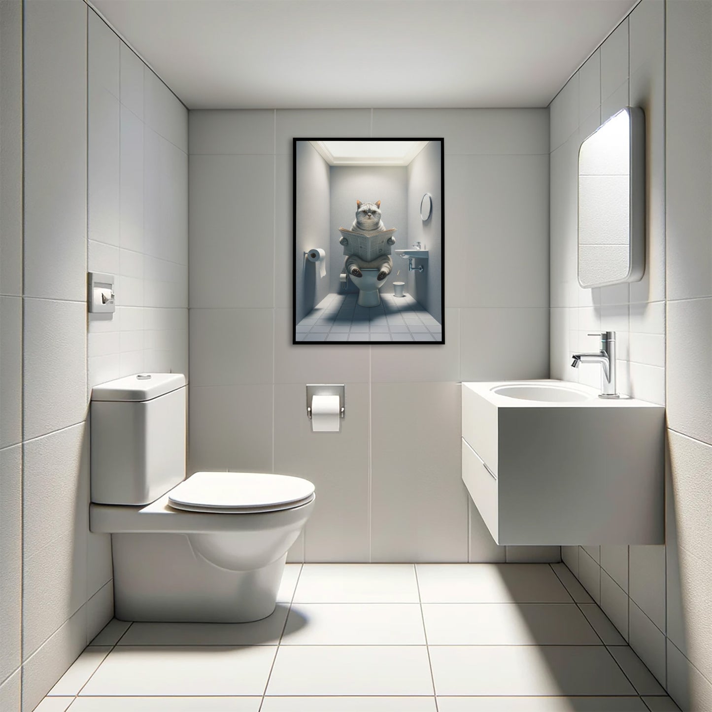 Affiche chat British Shorthair tigré argenté en cadre noir accroché au-dessus d'un WC suspendu, toilettes blanches