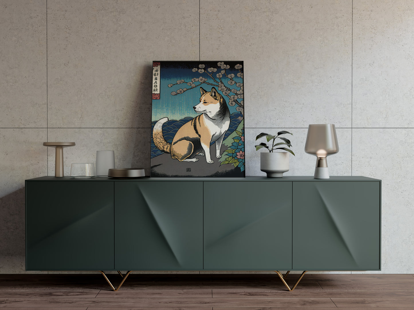 Affiche shiba inu art japonais posée sur un buffet vert sapin, mur beige texturé